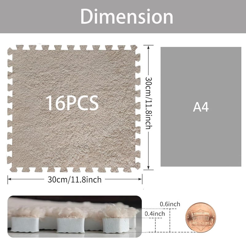 JADERLU 16pcs 0.6" Thickened Interlocking Tile Mats,Fluffy Shaggy Soft EVA Foam Area Rug for Living Room & Bedroom,Non-Slip Protective Floor Carpet Play Mat Kids Baby Dorm Home Decor (11.8ft, Khaki) - Image 2